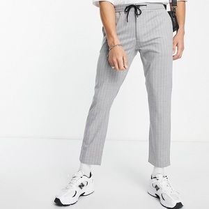 Topman Skinny Grey/White Pin Stripe Flannel-Like Drawstring Trouser Pants